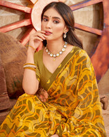 Vishal Prints Mustard Brown Printed Georgette Saree With Fancy Border