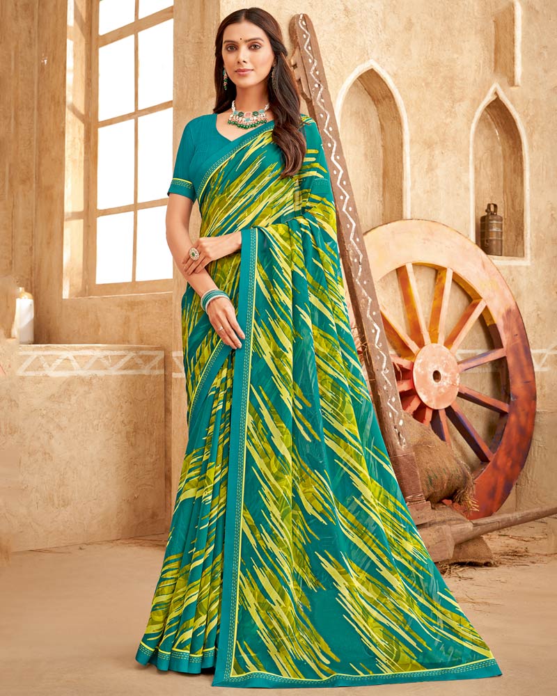 Vishal Prints Teal Green Printed Georgette Saree With Fancy Border