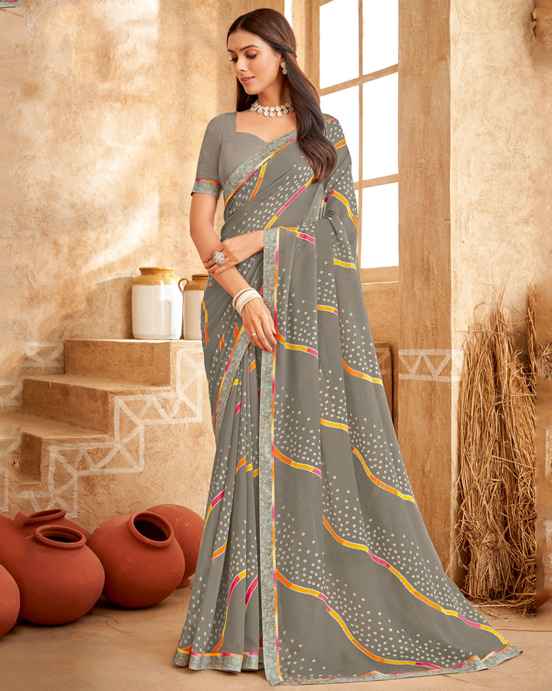 Vishal Prints Brownish Grey Printed Georgette Saree With Fancy Border