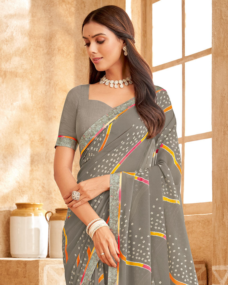 Vishal Prints Brownish Grey Printed Georgette Saree With Fancy Border