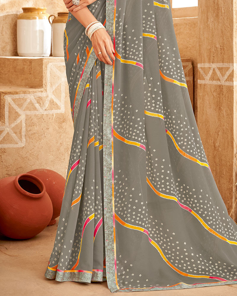 Vishal Prints Brownish Grey Printed Georgette Saree With Fancy Border