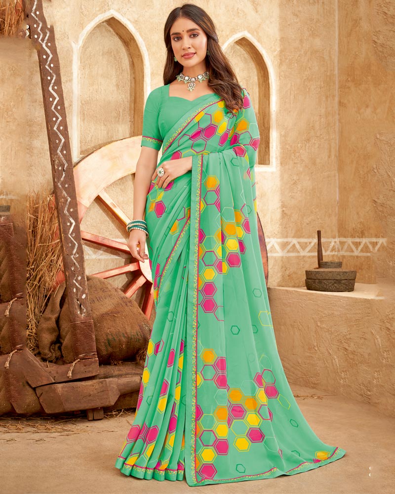 Vishal Prints Dark Mint Green Printed Georgette Saree With Fancy Border