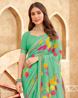 Vishal Prints Dark Mint Green Printed Georgette Saree With Fancy Border