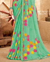 Vishal Prints Dark Mint Green Printed Georgette Saree With Fancy Border