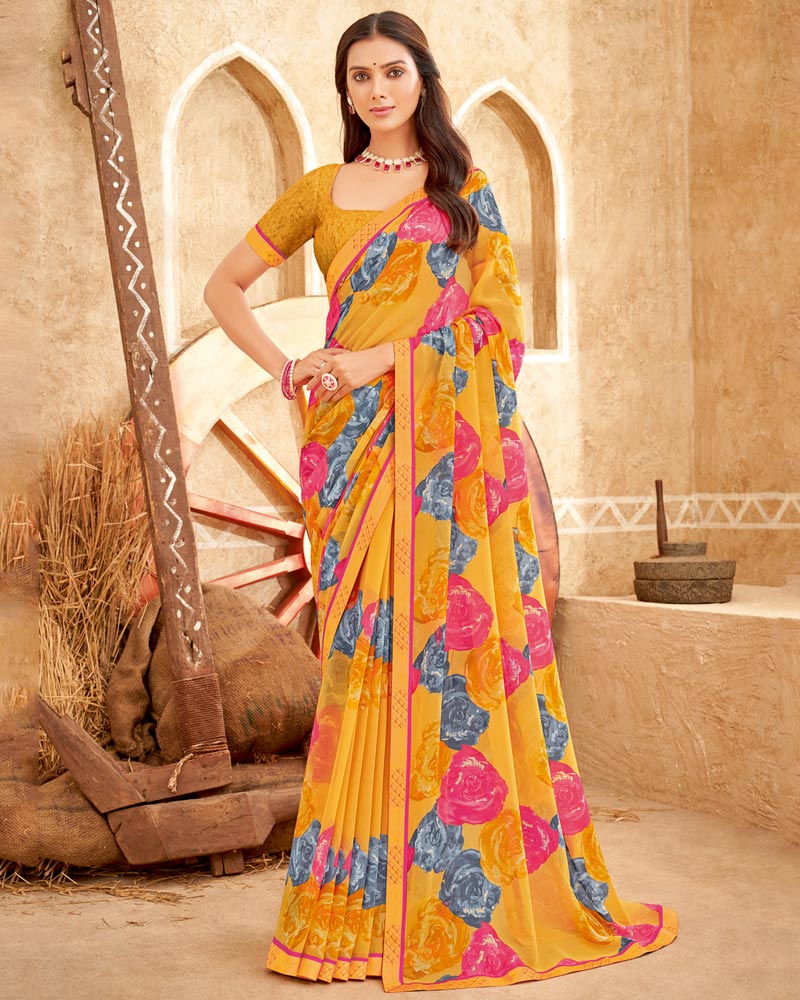 Vishal Prints Carrot Orange Printed Georgette Saree With Fancy Border