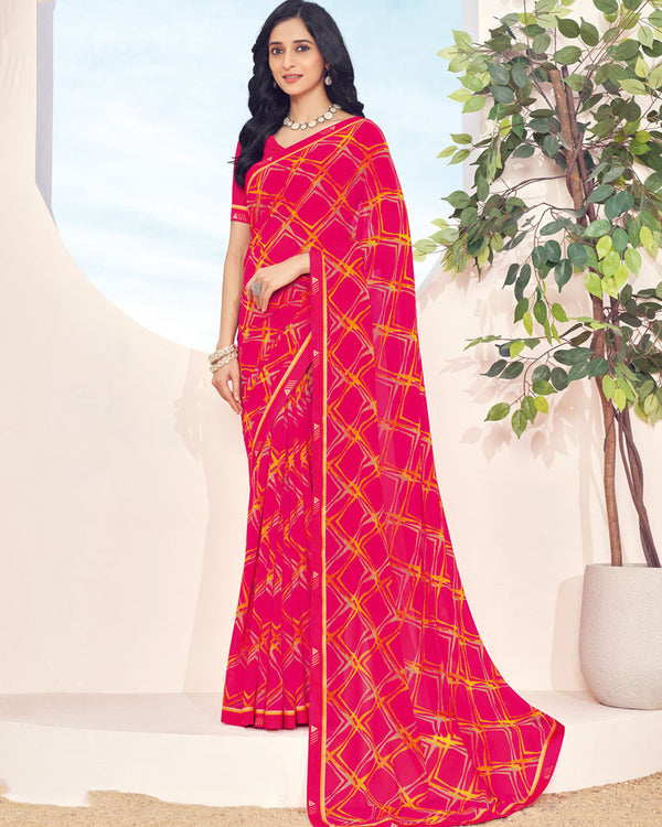 Vishal Prints Red Pink Printed Georgette Saree With Fancy Border