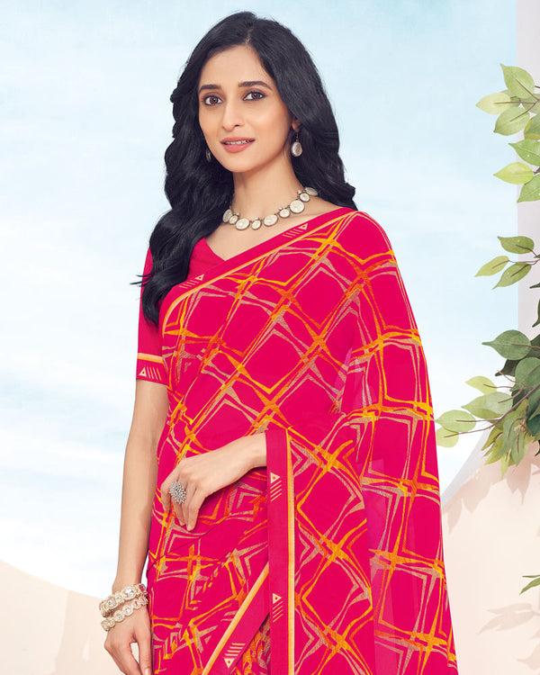 Vishal Prints Red Pink Printed Georgette Saree With Fancy Border