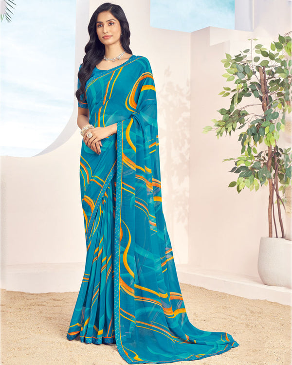 Vishal Prints Aqua Blue Printed Georgette Saree With Fancy Border