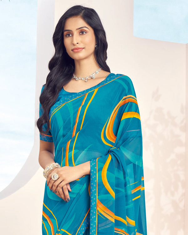 Vishal Prints Aqua Blue Printed Georgette Saree With Fancy Border