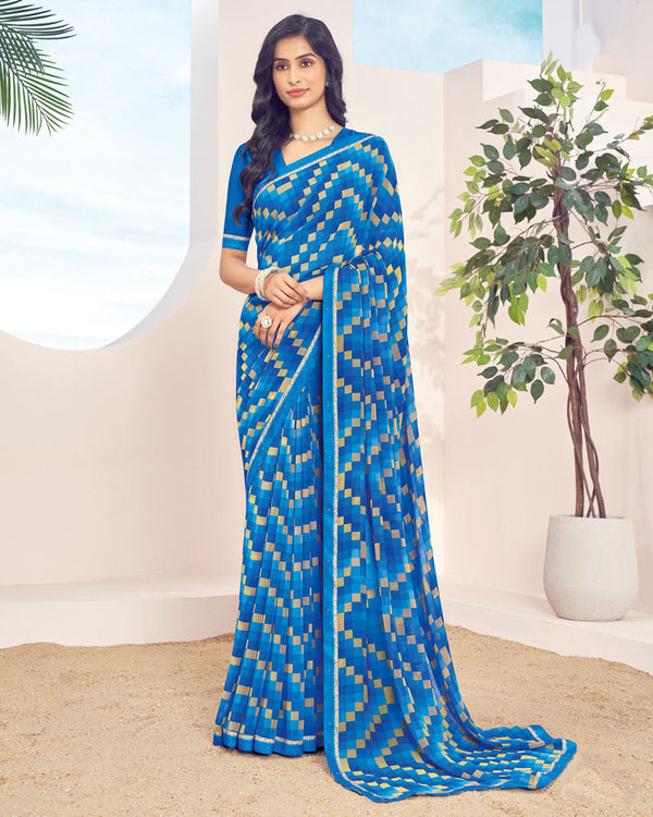 Vishal Prints Aqua Blue Printed Georgette Saree With Fancy Border