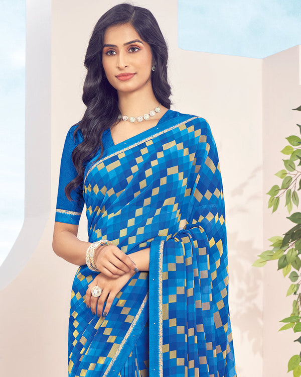 Vishal Prints Aqua Blue Printed Georgette Saree With Fancy Border