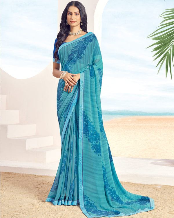 Vishal Prints Dark Turquoise Blue Printed Georgette Saree With Fancy Border