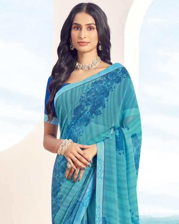 Vishal Prints Dark Turquoise Blue Printed Georgette Saree With Fancy Border