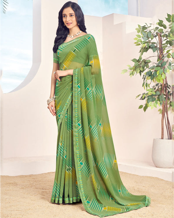 Vishal Prints Chelsea Cucumber Green Printed Georgette Saree With Fancy Border