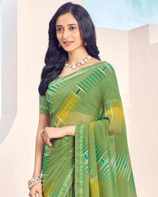 Vishal Prints Chelsea Cucumber Green Printed Georgette Saree With Fancy Border