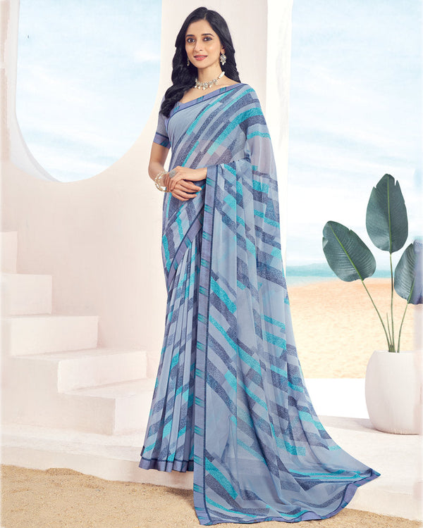 Vishal Prints Cool Grey Printed Georgette Saree With Fancy Border