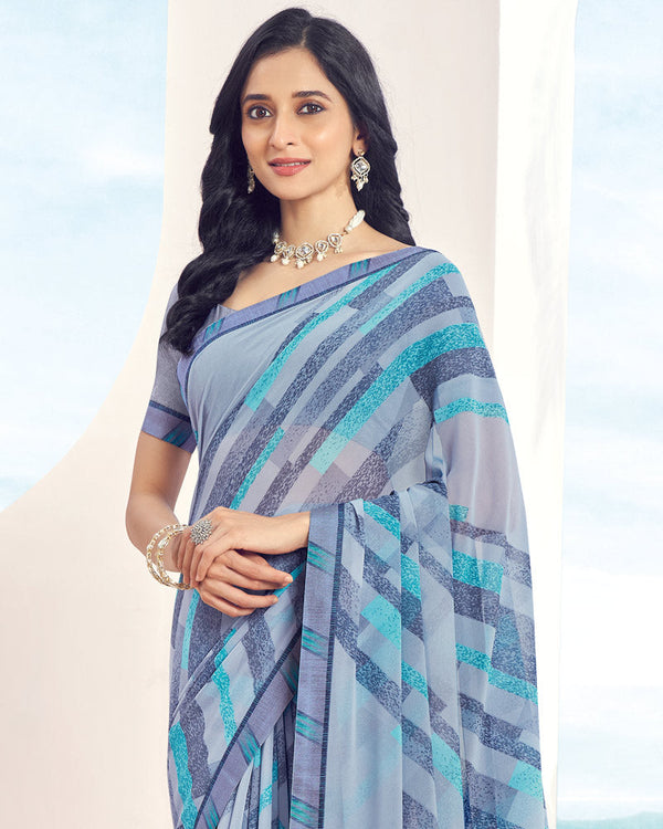 Vishal Prints Cool Grey Printed Georgette Saree With Fancy Border