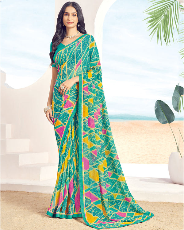 Vishal Prints Aqua Green Printed Georgette Saree With Fancy Border