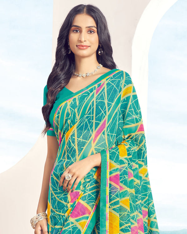 Vishal Prints Aqua Green Printed Georgette Saree With Fancy Border