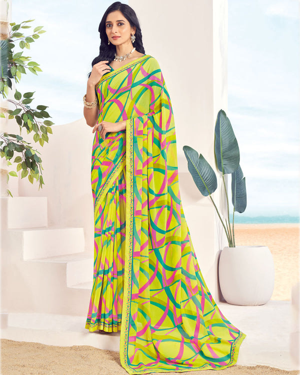 Vishal Prints Lime Yellow Printed Georgette Saree With Fancy Border