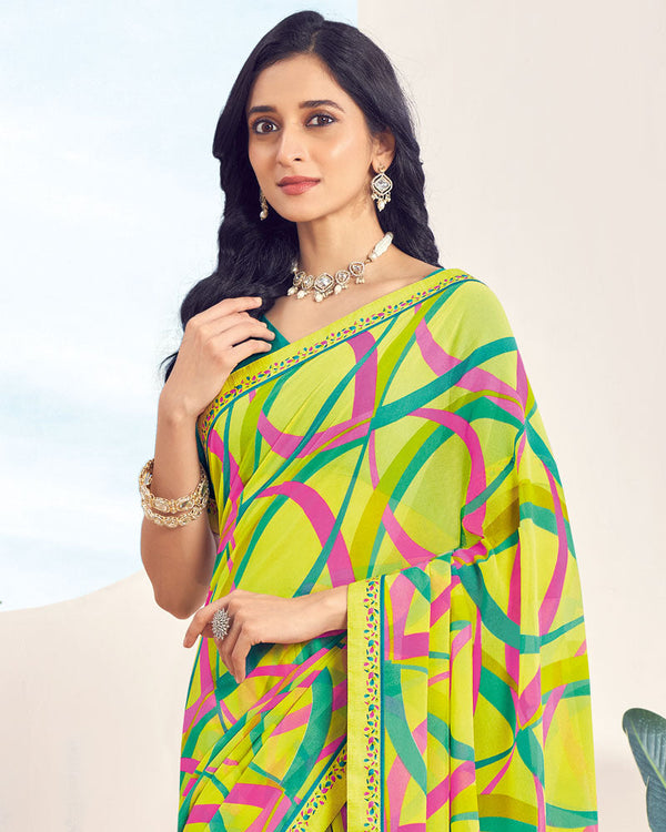 Vishal Prints Lime Yellow Printed Georgette Saree With Fancy Border