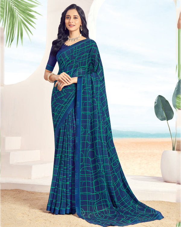 Vishal Prints Navy Blue Printed Georgette Saree With Fancy Border