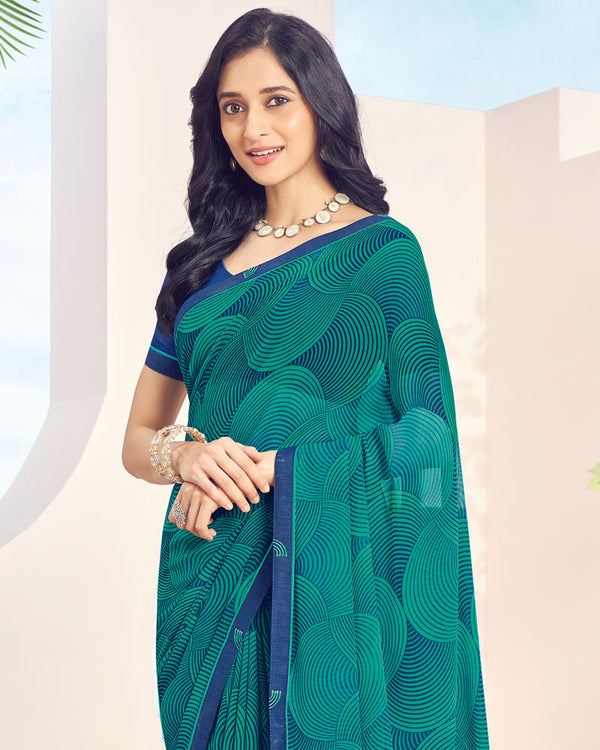 Vishal Prints Aqua Green Printed Georgette Saree With Fancy Border