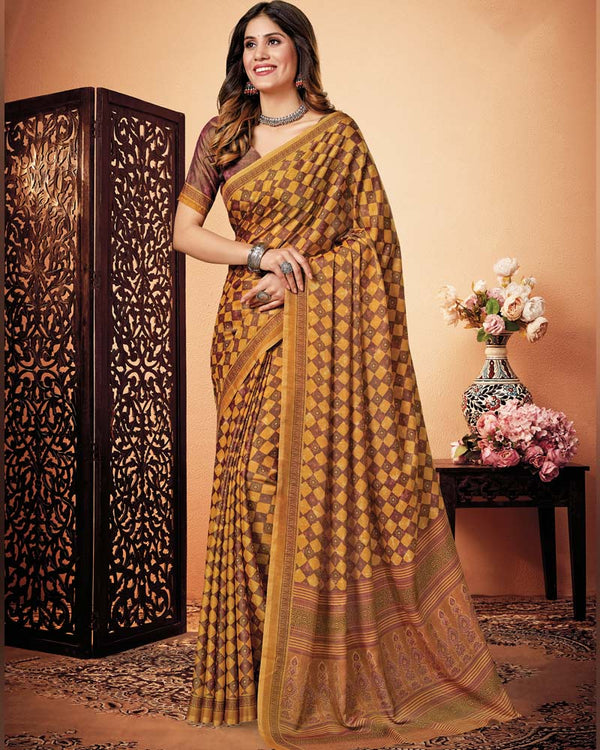 Vishal Prints Mustard Digital Print Cotton Silk Saree