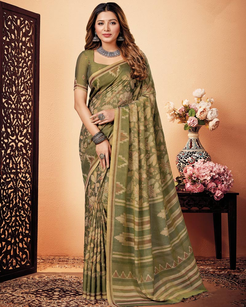 Vishal Prints Mehandi Green Digital Print Cotton Silk Saree