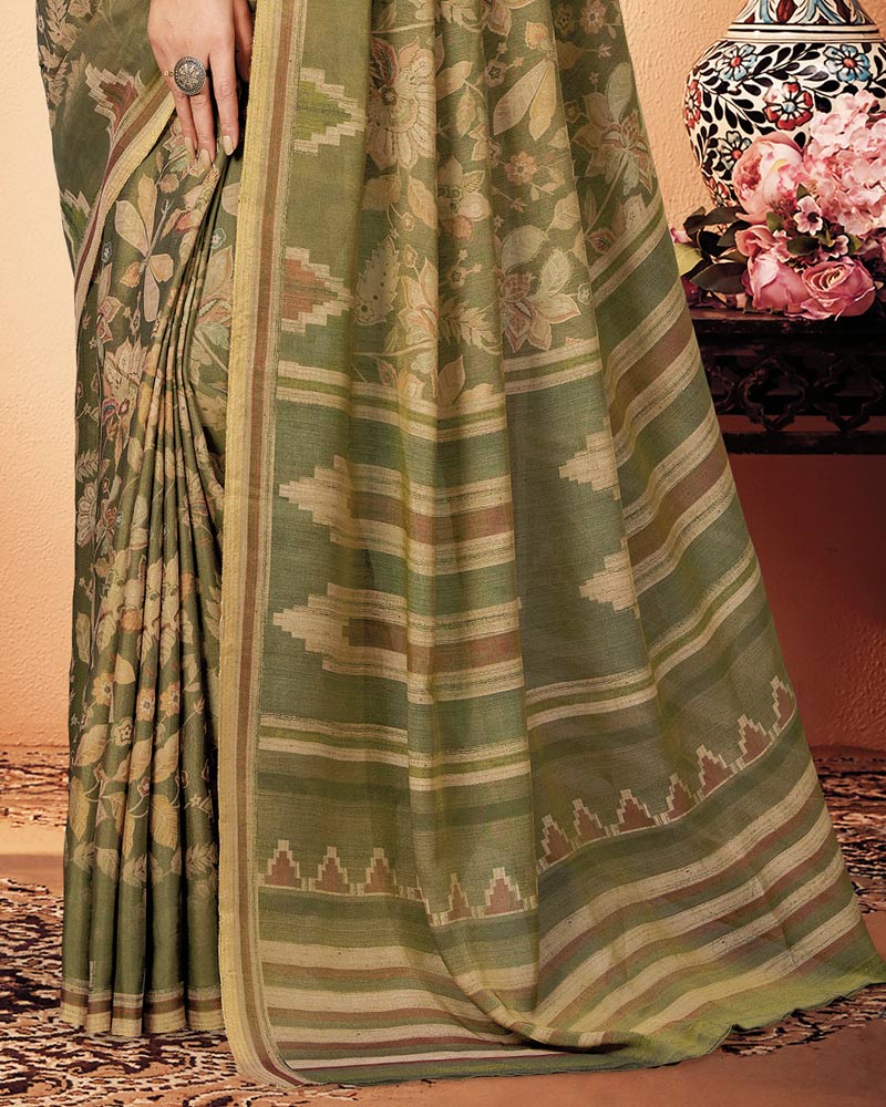 Vishal Prints Mehandi Green Digital Print Cotton Silk Saree