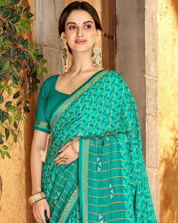 Vishal Prints Aqua Green Patterned Chiffon Designer Saree With Patch Work And Diamond