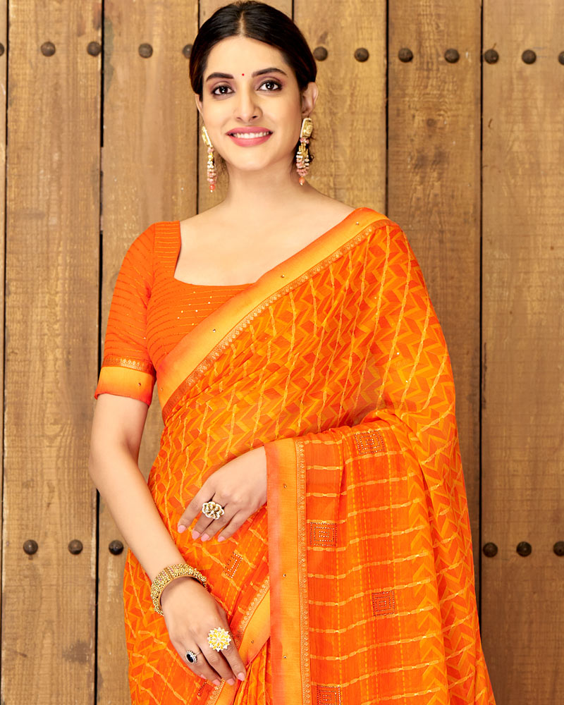 Vishal Prints Orange Patterned Chiffon Designer Saree With Patch Work And Diamond