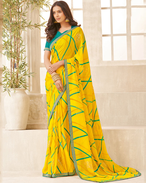 Vishal Prints Dark Yellow Printed Chiffon Saree With Foil Print And Zari Border