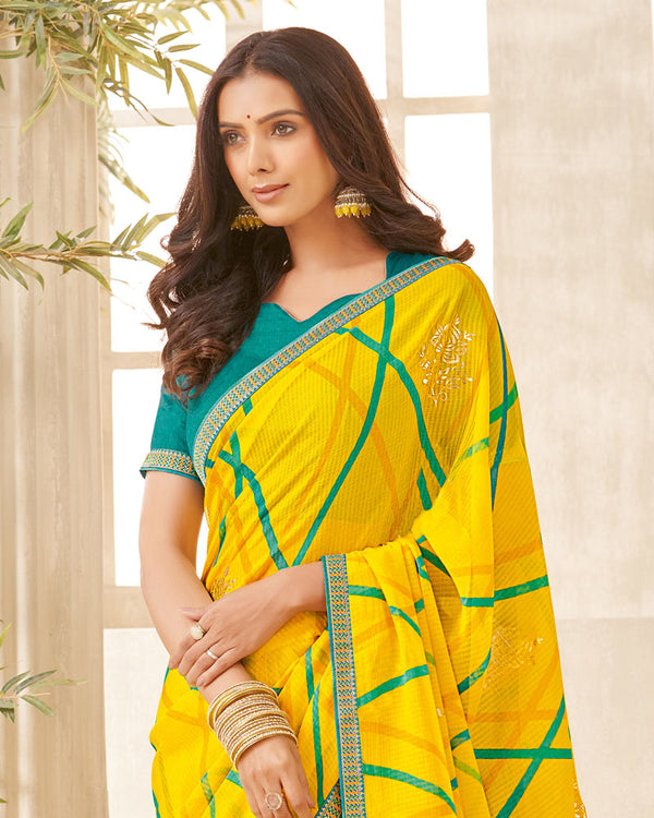 Vishal Prints Dark Yellow Printed Chiffon Saree With Foil Print And Zari Border