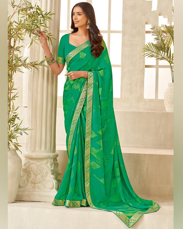 Vishal Prints Dark Mint Green Printed Chiffon Saree With Zari Border