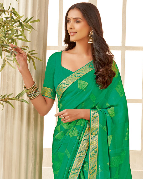 Vishal Prints Dark Mint Green Printed Chiffon Saree With Zari Border