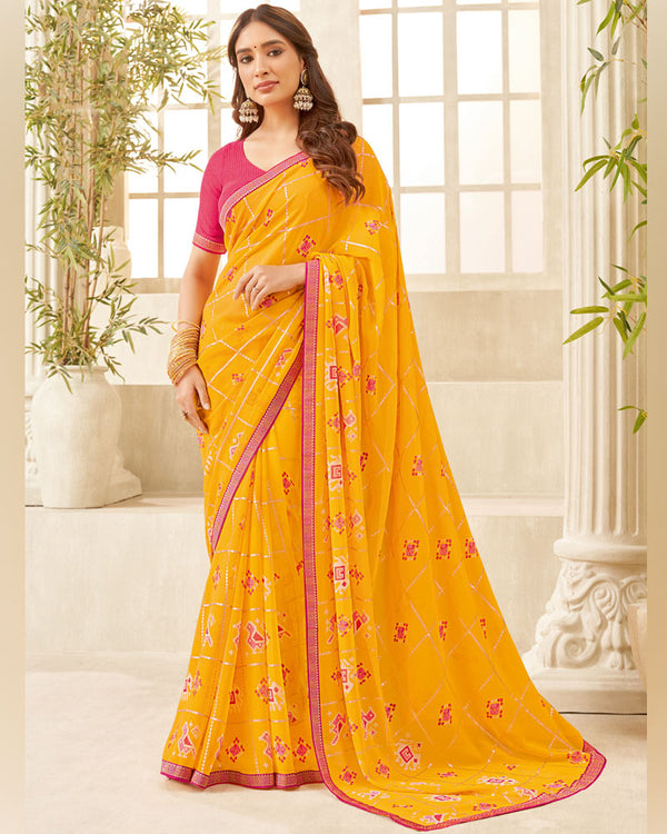 Vishal Prints Dark Yellow Printed Georgette Saree With Foil Print And Zari Border