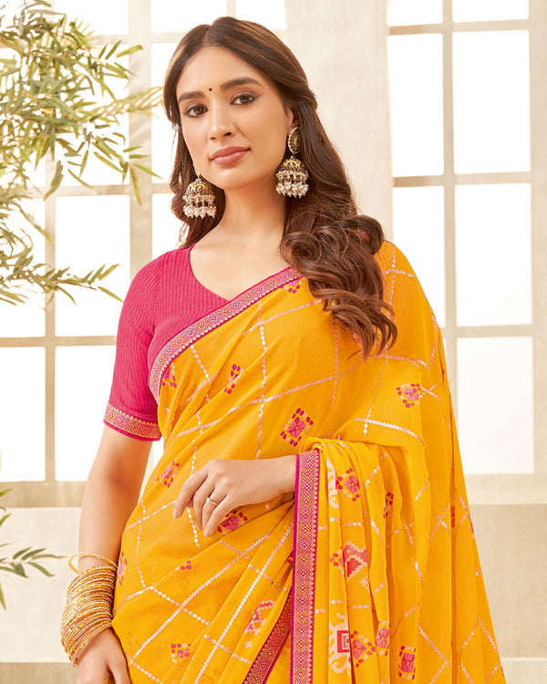 Vishal Prints Dark Yellow Printed Georgette Saree With Foil Print And Zari Border