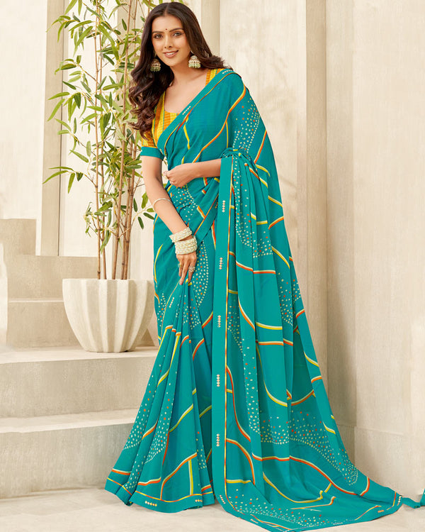 Vishal Prints Teal Blue Printed Georgette Saree With Fancy Border