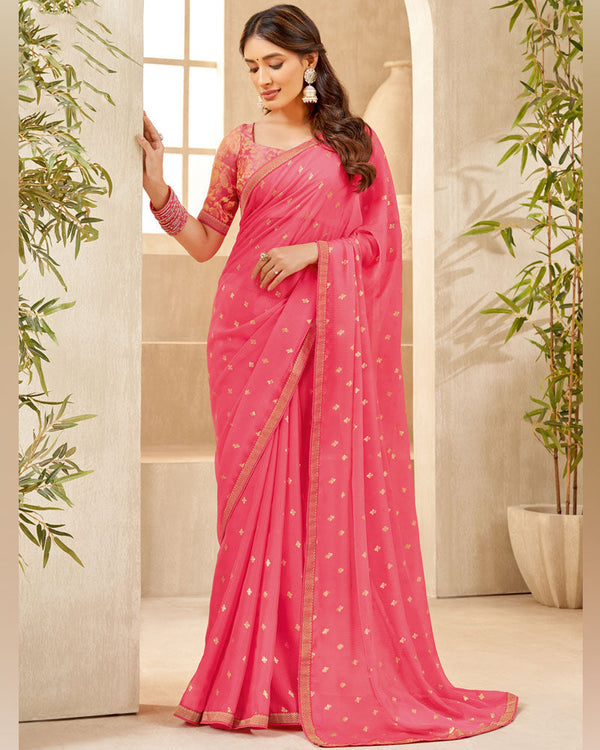 Vishal Prints Mandy Pink Printed Chiffon Saree With Foil Print And Zari Border