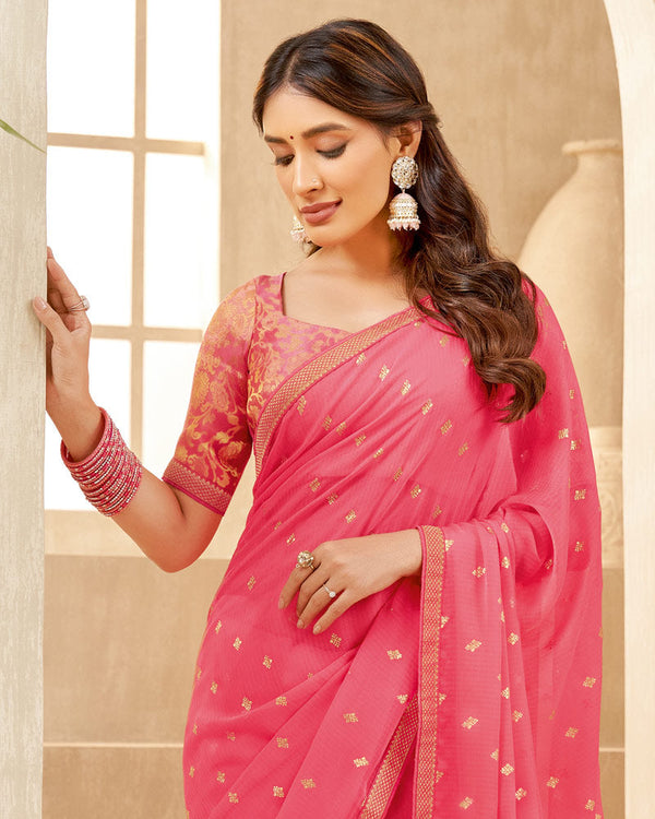 Vishal Prints Mandy Pink Printed Chiffon Saree With Foil Print And Zari Border