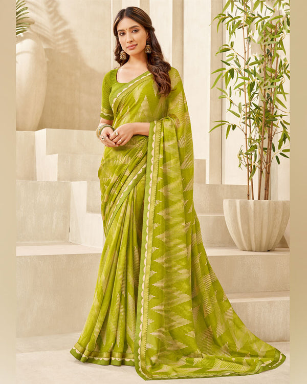 Vishal Prints Olive Green Printed Chiffon Saree With Fancy Border