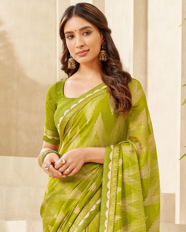 Vishal Prints Olive Green Printed Chiffon Saree With Fancy Border