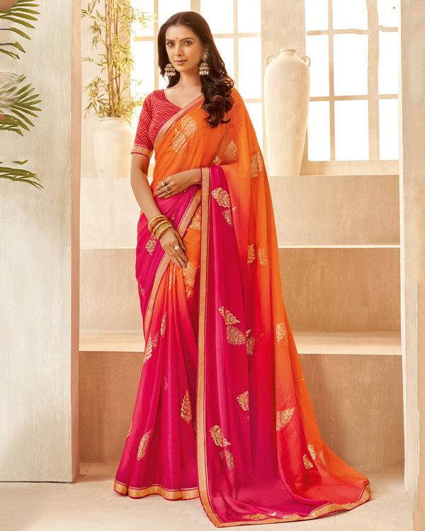 Vishal Prints Orange Printed Georgette Saree With Foil Print And Zari Border