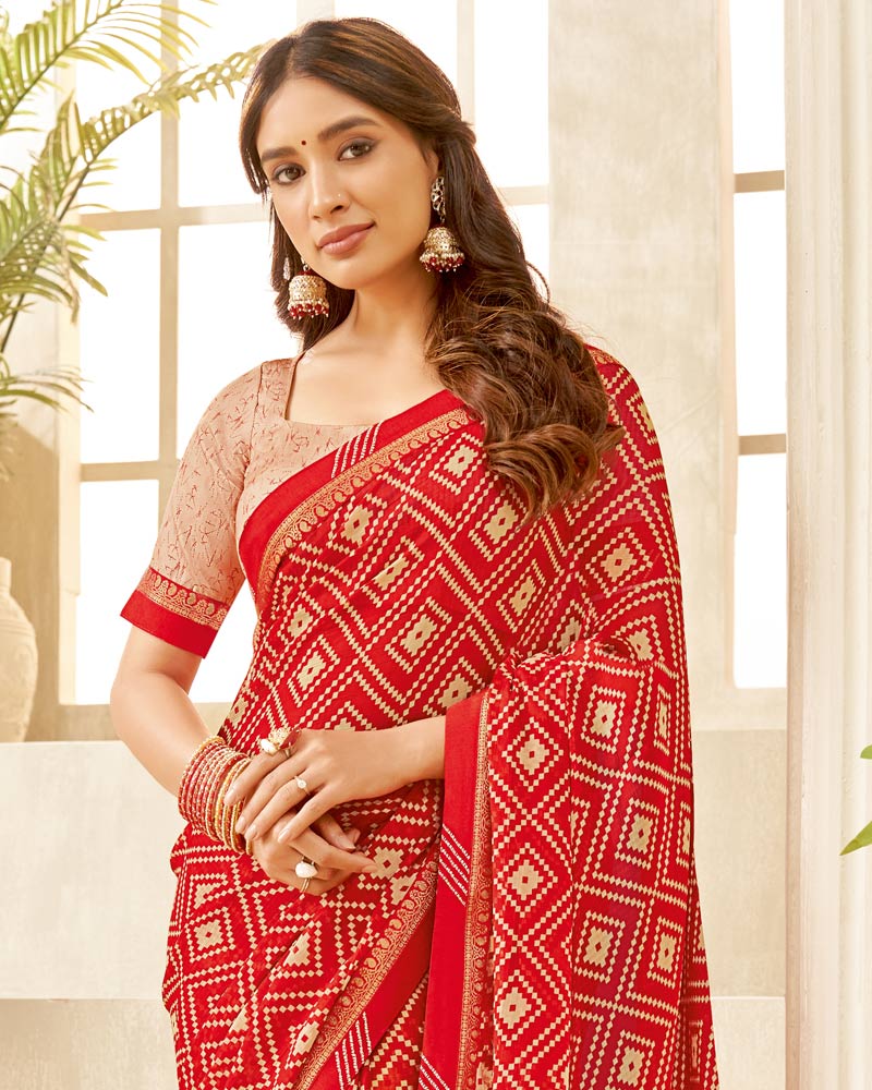 Vishal Prints Alizarin Crimson Red Printed Georgette Saree With Fancy Border