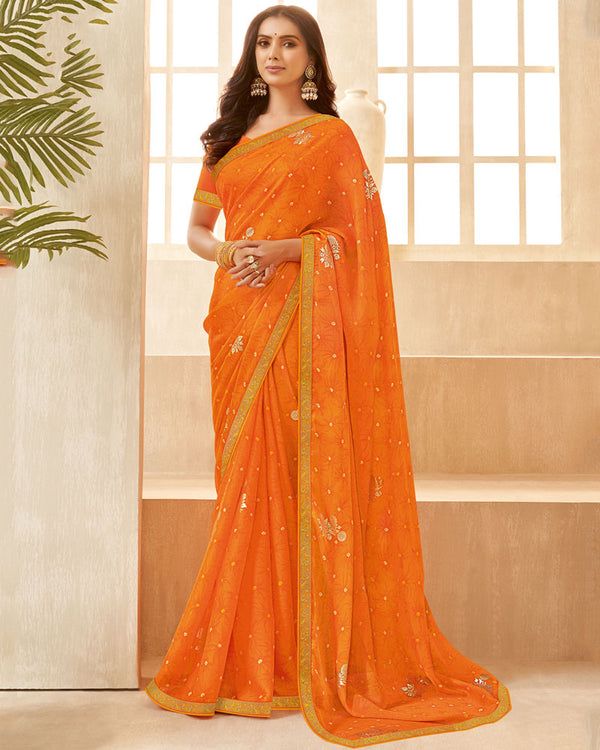 Vishal Prints Orange Printed Chiffon Saree With Foil Print And Zari Border