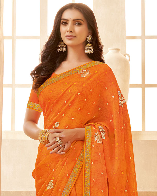 Vishal Prints Orange Printed Chiffon Saree With Foil Print And Zari Border