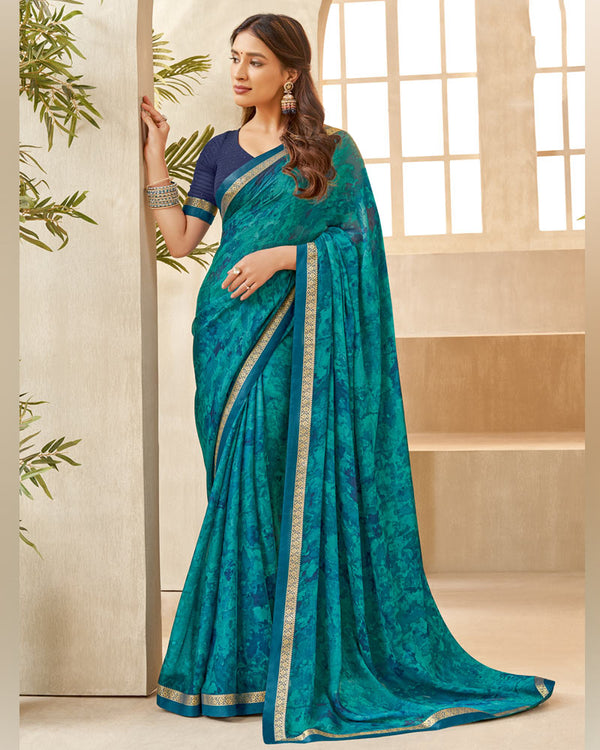 Vishal Prints Teal Blue Printed Chiffon Saree With Fancy Border