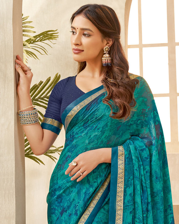 Vishal Prints Teal Blue Printed Chiffon Saree With Fancy Border