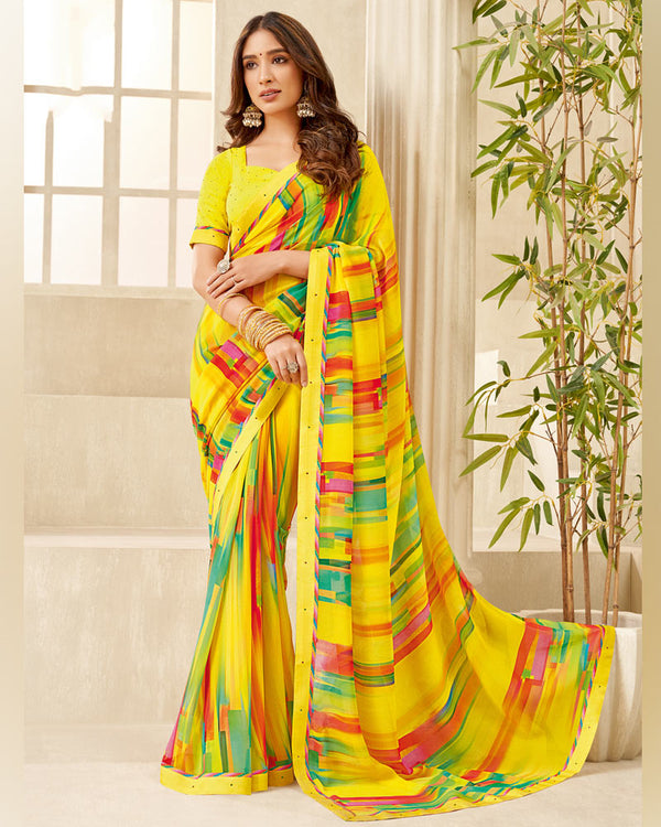 Vishal Prints Pastel Yellow Printed Georgette Saree With Fancy Border